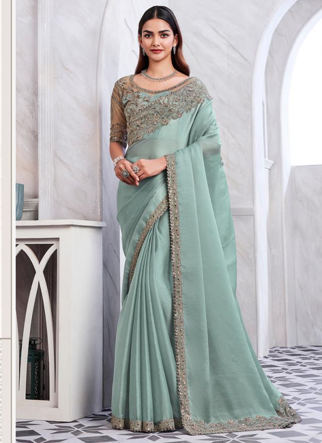 Silk Turquoise Blue Party Wear Embroidery Work Saree